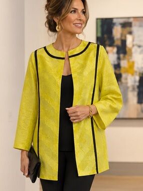 Emmelle Chartreuse Textured Semi-Sheer Jacket Black Trim Size Small